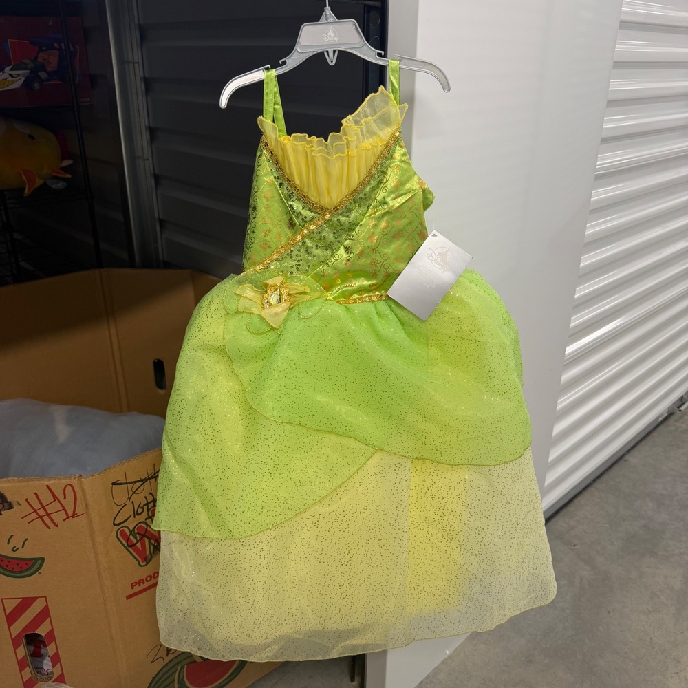 Disney Tiana Costume Dress Kids Size 4 Green Yellow Sequin Glitter Princess